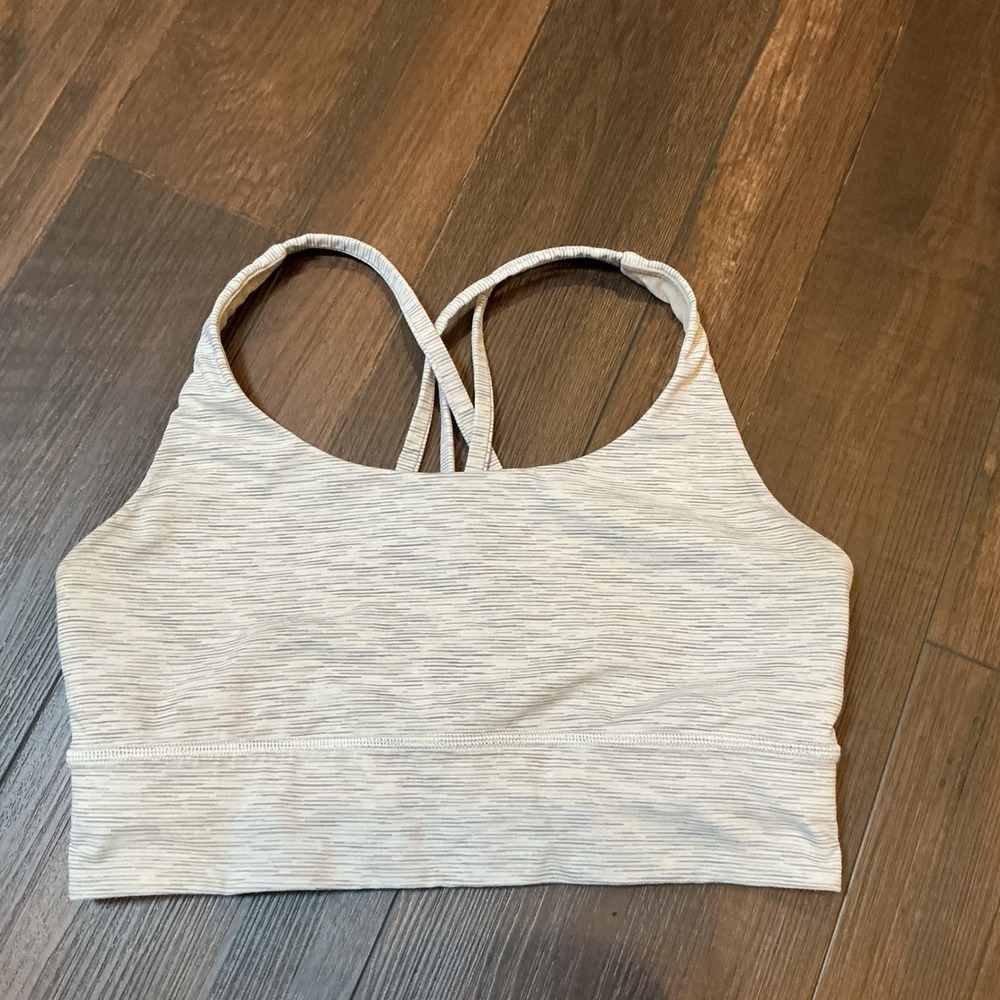 Lululemon Energy Bra Space Dye White Grey Strappy Back Size 8 Activewear Workout